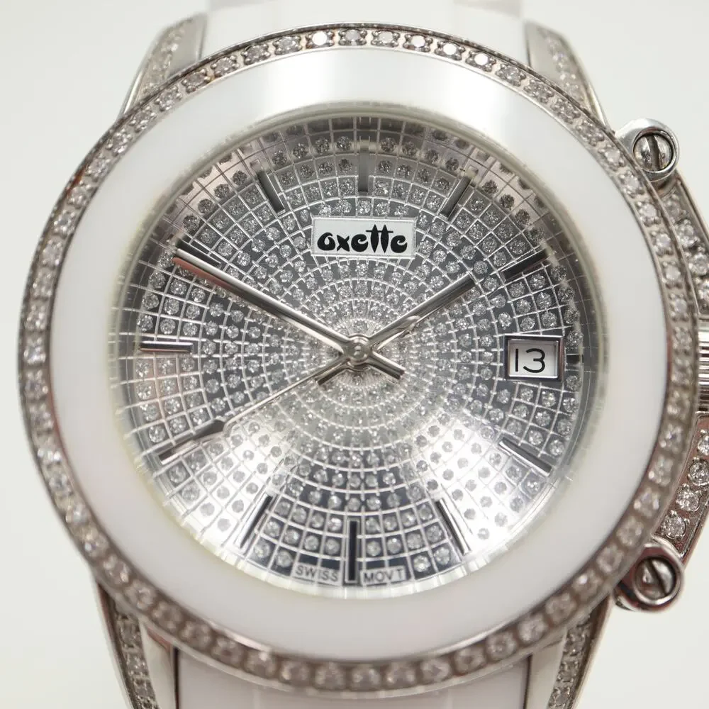 Oxette White Ceramic Pave 38mm Unisex Watch Iced Date Sapphire Coat New Battery